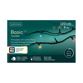Řetěz svítící venkovní Basic 120LED barevný s časovačem, 8 funkcí černý 9m