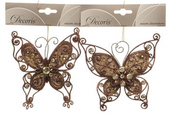 Ozdoba motýl plastový s glitry hnědý 10cm