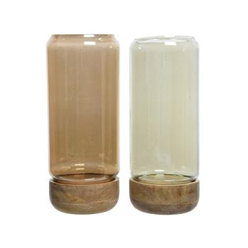 Svícen válcový na podstavci HURRICANE ze skla a dřeva 37cm mix barev