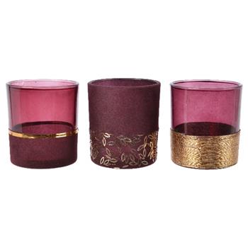 Svícen na čajovku válec zlatý lem skleněný 8cm vínový mix