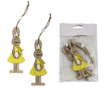 Ozdoba zajíc v sukni  2ks dřevo žlutá 12cm