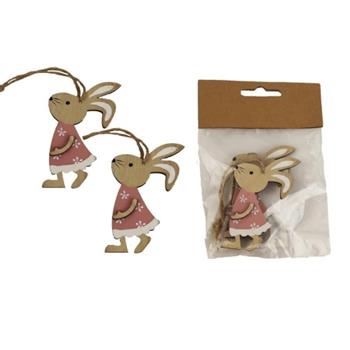 Ozdoba zajíc dívka 2ks dřevo růžová 14cm