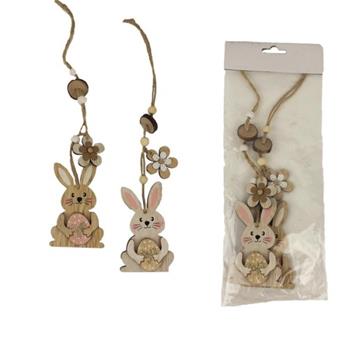 Ozdoba zajíc s vejcem 2ks dřevo přírodní 9,5cm