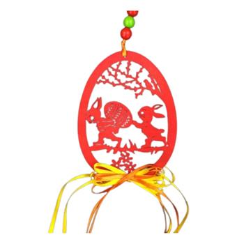 Ozdoba vejce dekor zajíci s kraslicí dřevo červená 11cm