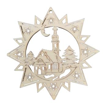 Ozdoba dřevěná hvězda s kostelem přírodní 9cm