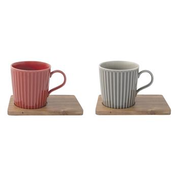 Porcelánový hrnek s hranantým dřevěným podtáckem TAKE A BREAK červená/šedá 380ml 2ks