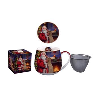 Vánoční porcelánový hrnek buclák se Santou, sítkem a víčkem – 430 ml