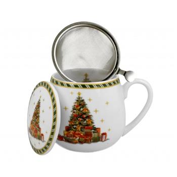 Vánoční porcelánový hrnek buclák se sítkem a víčkem – motiv stromek, 430 ml