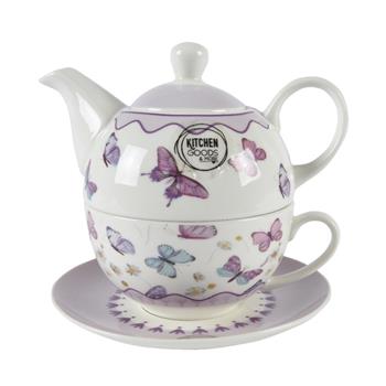 Šálek a čajová konvice porcelánová s květy a motýli