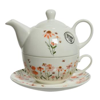 Šálek a čajová konvice porcelánová s květy a včelami