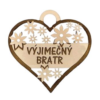 Ozdoba dřevěné srdce VYJÍMEČNÝ BRATR s květy hnědo-přírodní 7cm