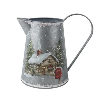 Džbán/konev kovový s domem v zimní krajině a 1 uchem šedý 18cm