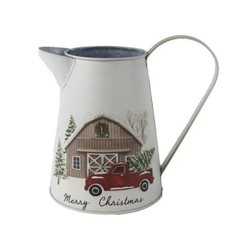 Džbán/konev kovový MERRY CHRISTMAS s autem a stodolou a 1 uchem bílý 18cm
