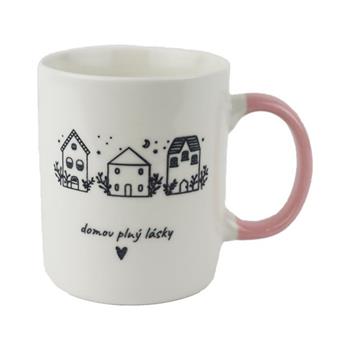 Hrnek porcelánový DOMOV PLNÝ LÁSKY s domky růžovo-bílý