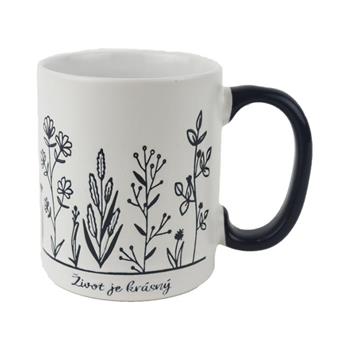 Hrnek keramický ŽIVOT JE KRÁSNÝ s květinami černo-bílý