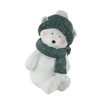 Medvěd sedící s čepicí a šálou polyresinový zeleno-bílý 18,5cm