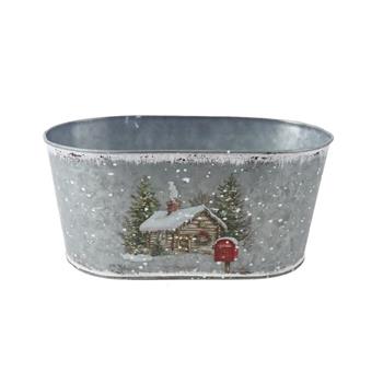 Obal oválná plechový s domem v zimní krajině šedý 22,5cm
