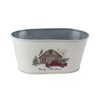 Obal oválný plechový MERRY CHRISTMAS s autem a stodolou bílý 19cm