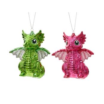 Ozdoba plastový drak s glitry zelený/růžový 10,5cm
