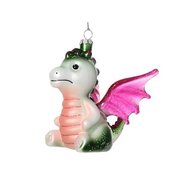 Ozdoba skleněný sedící drak s glitry růžovo-zelený 13cm