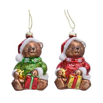 Ozdoba skleněný medvěd sedící s dárkem mix 12cm