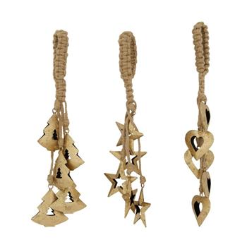 Ozdoba kovová závěsná hvězda/srdce/strom zlatá mix 5ks