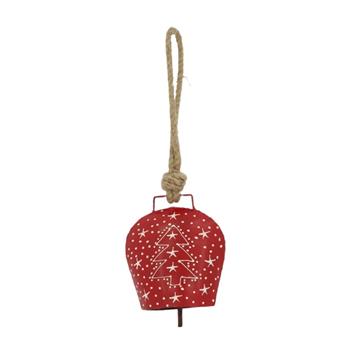Ozdoba kovový kravský zvon se stromkem červený 13cm