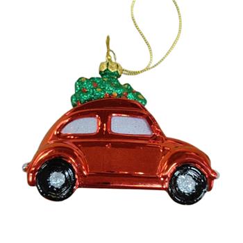 Ozdoba skleněné auto se stromkem zeleno-červená 11cm